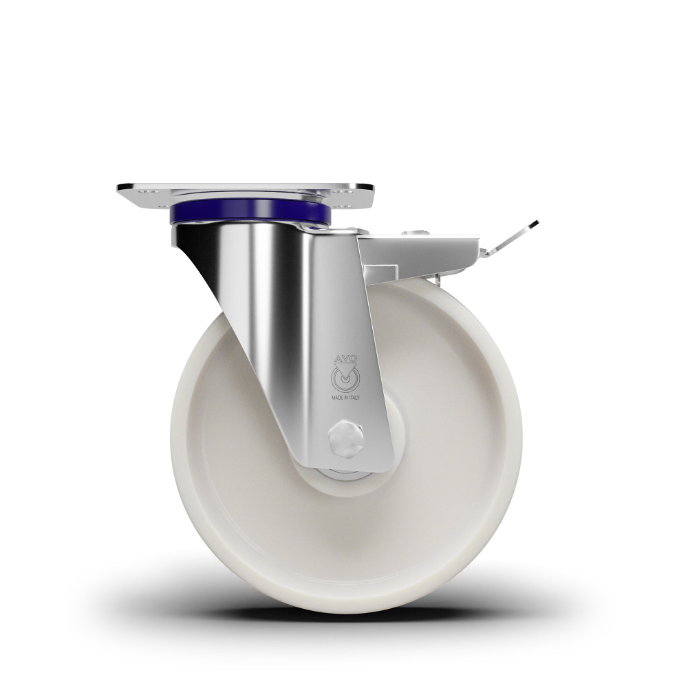 Roulette avec frein pivotante INOX, avec roue en polyamide, roulement &agrave; billes