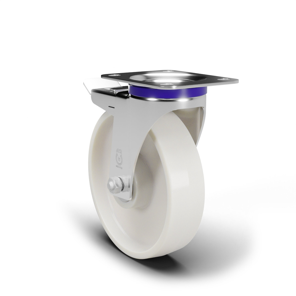 Roulette avec frein pivotante INOX, avec roue en polyamide, roulement &agrave; billes