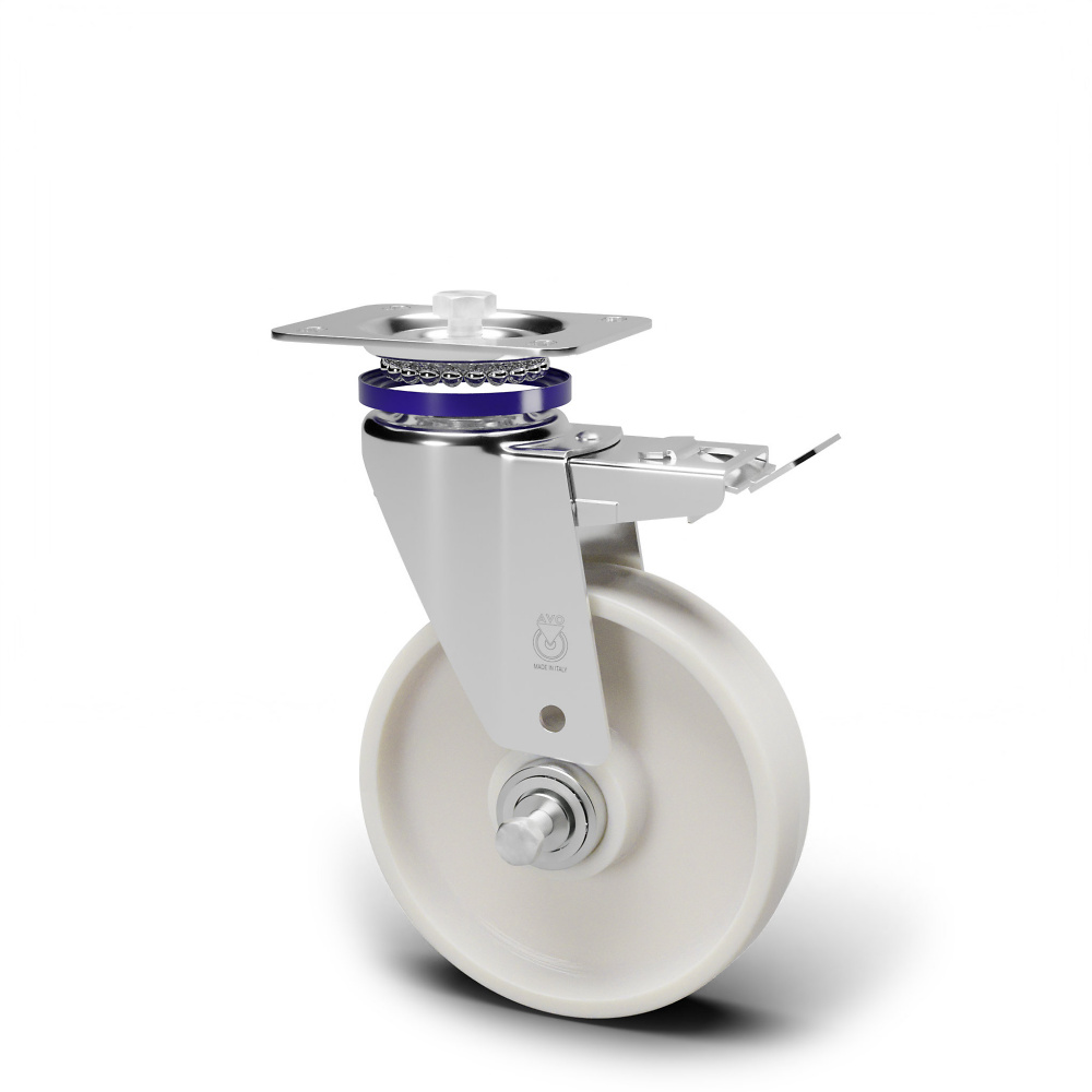 Roulette avec frein pivotante INOX, avec roue en polyamide, roulement &agrave; billes