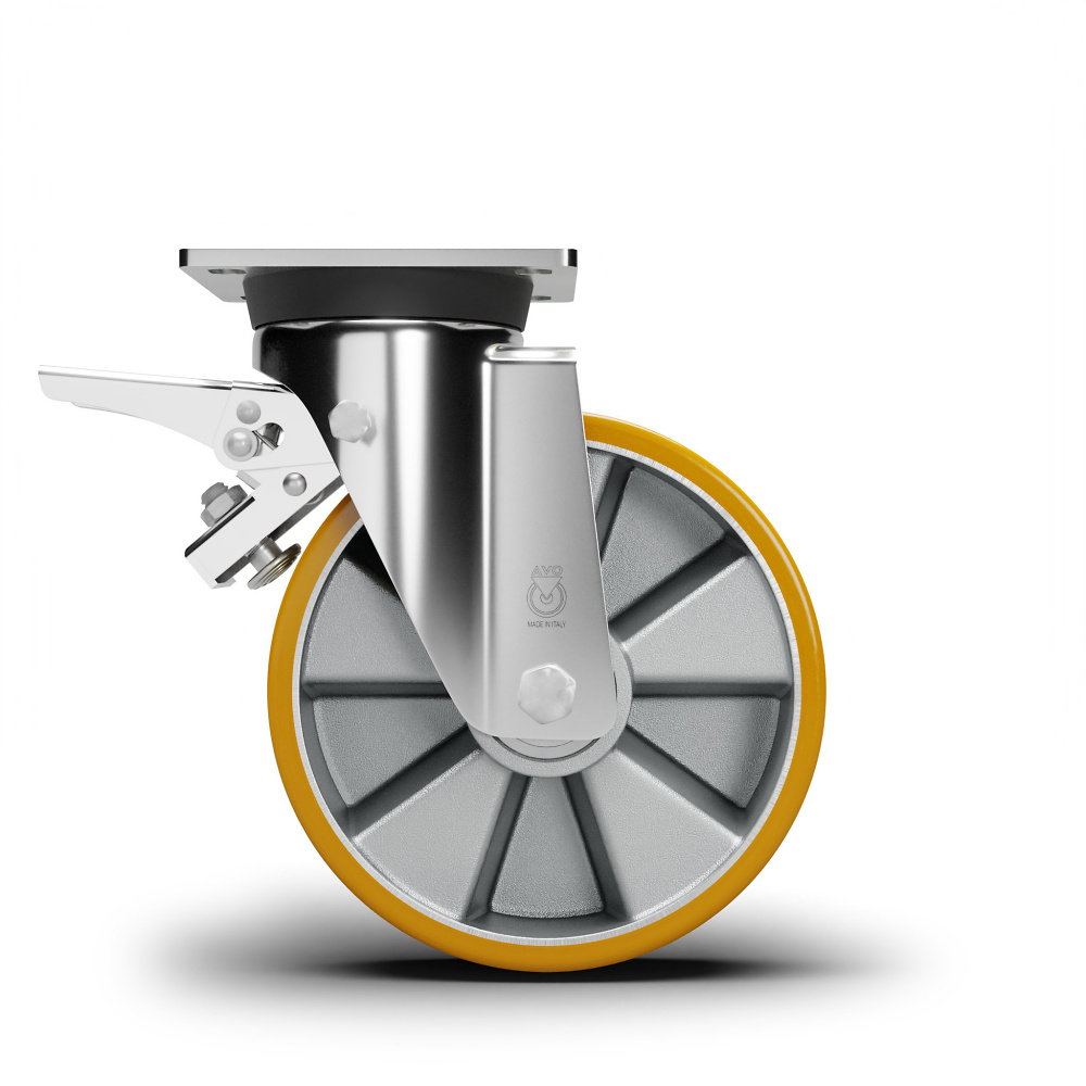 Schwerlast-Lenkrolle mit Doppelstopp verzinkt, mit polyurethan Lauffl&auml;che, Kugellager