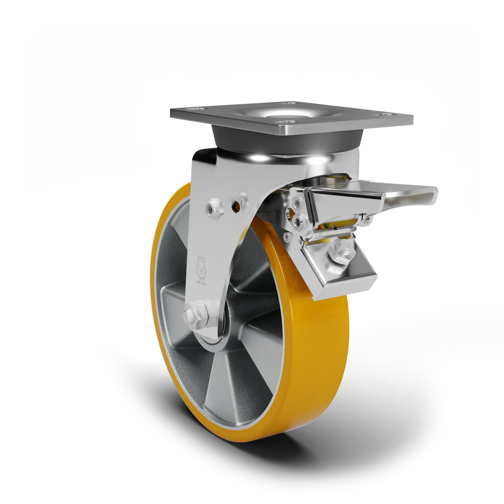 Schwerlast-Lenkrolle mit Doppelstopp verzinkt, mit polyurethan Lauffl&auml;che, Kugellager