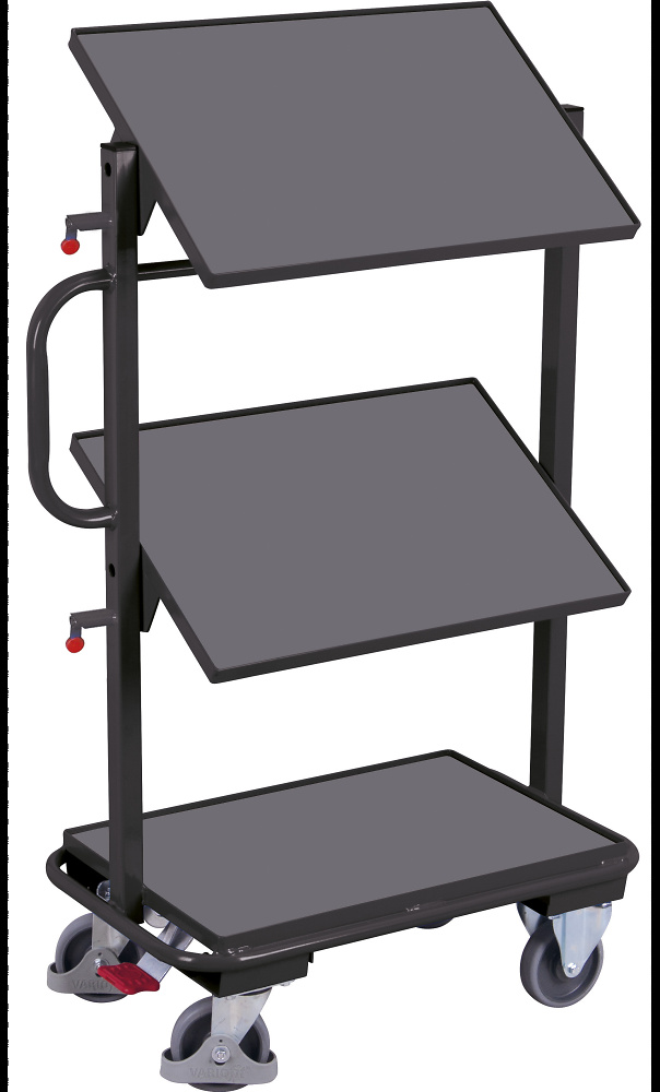 Chariot desserte avec 3 bacs plastiques, plateaux inclin&eacute;s