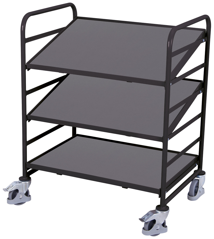 Chariot porte-bacs norme europ&eacute;enne avec 3 plateaux en bois